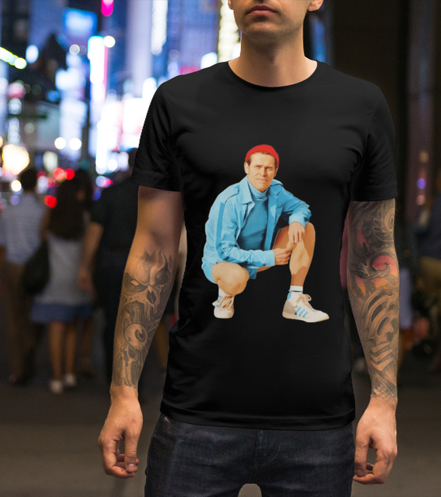 Klaus Willem Dafoe Retro Style With Red Beanie And Blue Tracksuit T-Shirt