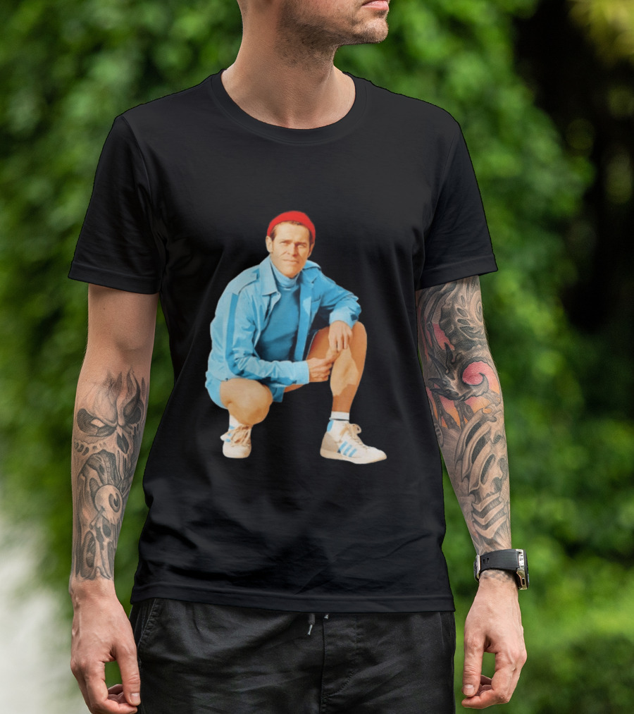 Klaus Willem Dafoe Retro Style With Red Beanie And Blue Tracksuit T-Shirt