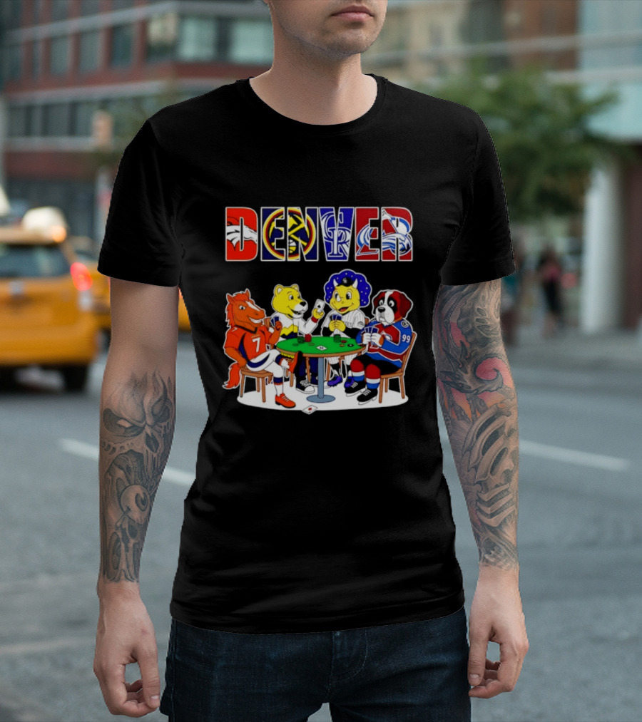 Denver Broncos Nuggets Rockies Avalanche Mascots Playing Poker T-Shirt