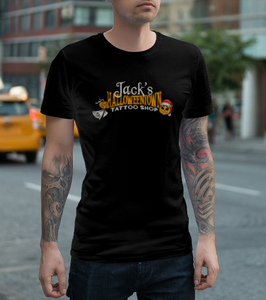 Lostbrostradingco Jack's Halloweentown Tattoo Shop Christmas Santa Hat T-Shirt
