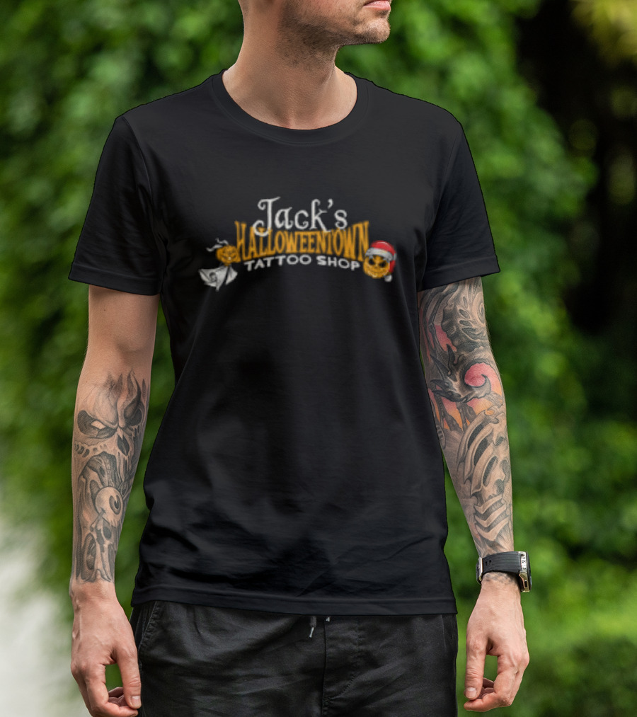 Lostbrostradingco Jack's Halloweentown Tattoo Shop Christmas Santa Hat T-Shirt