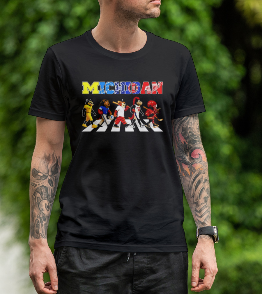 Michigan Sports Mascots Abbey Road Detroit Lions Pistons Tigers Red Wings Wolverine T-Shirt