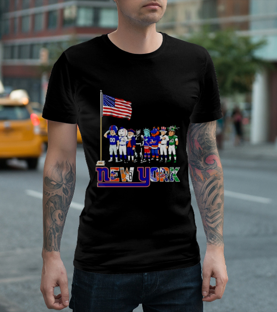 New York Sports Teams Mascots American Flag Giants Yankees Mets Rangers Knicks Jets T-Shirt