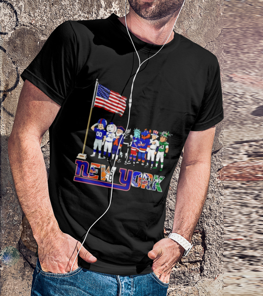 New York Sports Teams Mascots American Flag Giants Yankees Mets Rangers Knicks Jets T-Shirt