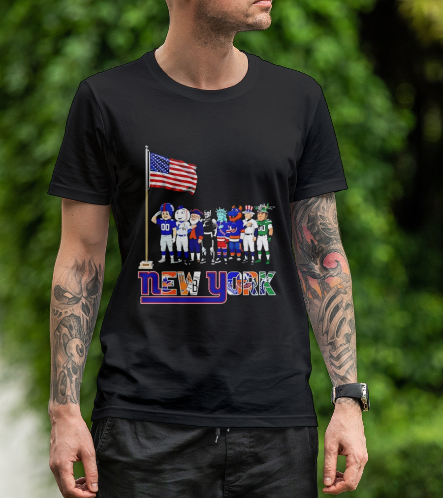 New York Sports Teams Mascots American Flag Giants Yankees Mets Rangers Knicks Jets T-Shirt