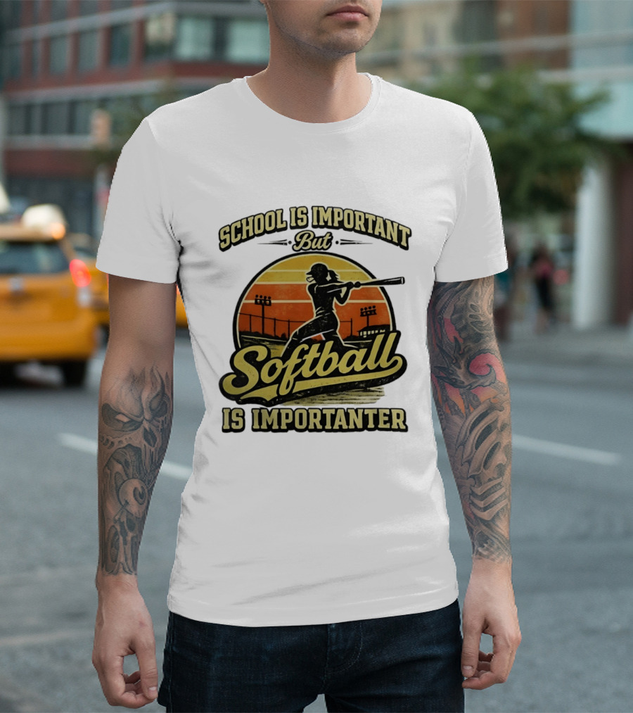 School Is Important But Softball Is Importanter Retro Silhouette Batter T-Shirt