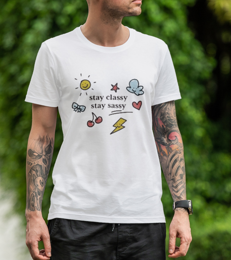 Stay Classy Stay Sassy Doodle Sun Bow Cherry Cloud Heart Star Bolt T-Shirt