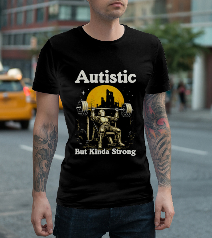Autistic But Kinda Strong Knight Lifting Weights Autism Awareness Moon T-Shirt