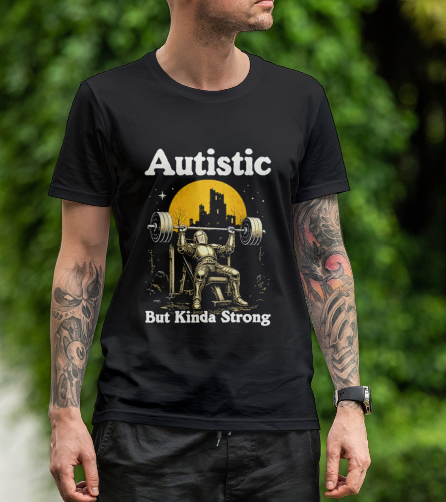 Autistic But Kinda Strong Knight Lifting Weights Autism Awareness Moon T-Shirt