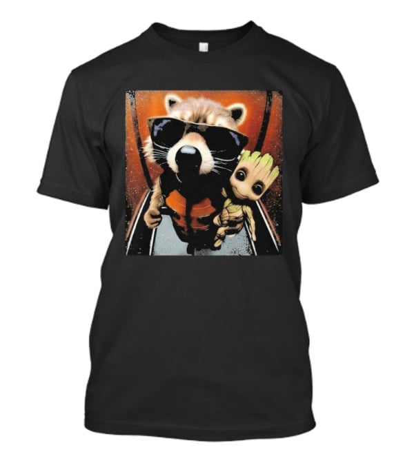John Bates Raccoon And Baby Tree Alien With Sunglasses And Orange Suit T-Shirt