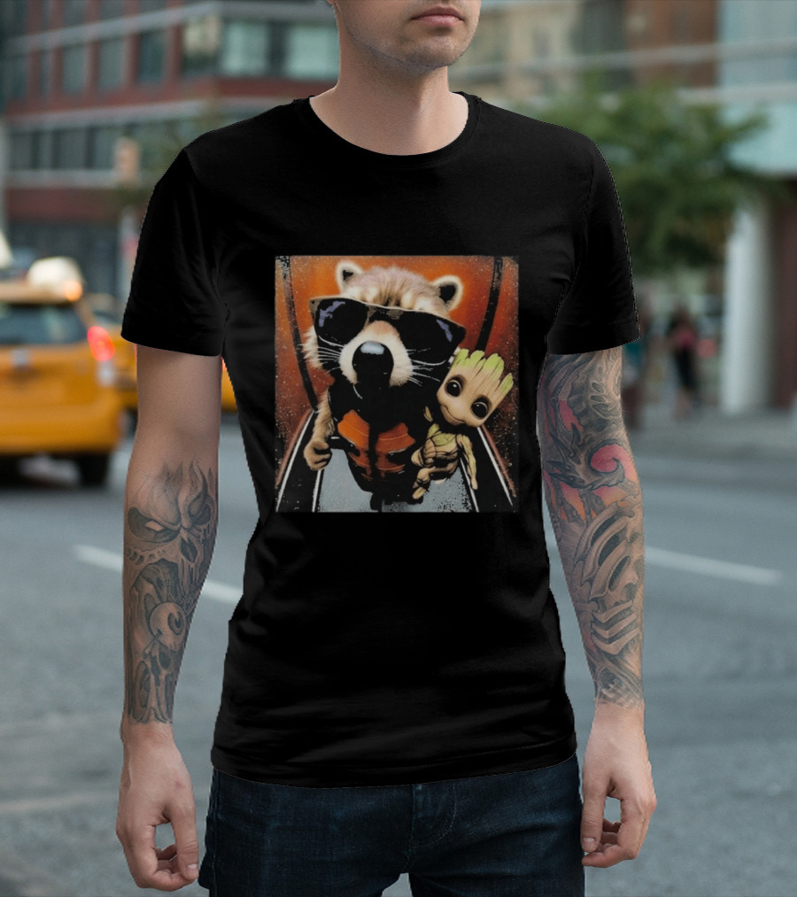 John Bates Raccoon And Baby Tree Alien With Sunglasses And Orange Suit T-Shirt