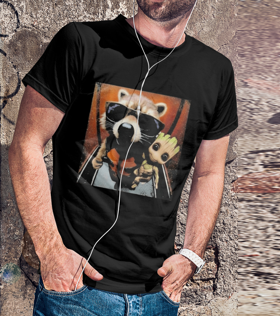 John Bates Raccoon And Baby Tree Alien With Sunglasses And Orange Suit T-Shirt
