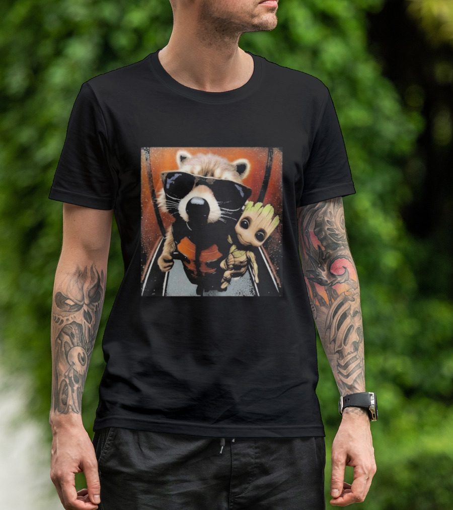 John Bates Raccoon And Baby Tree Alien With Sunglasses And Orange Suit T-Shirt