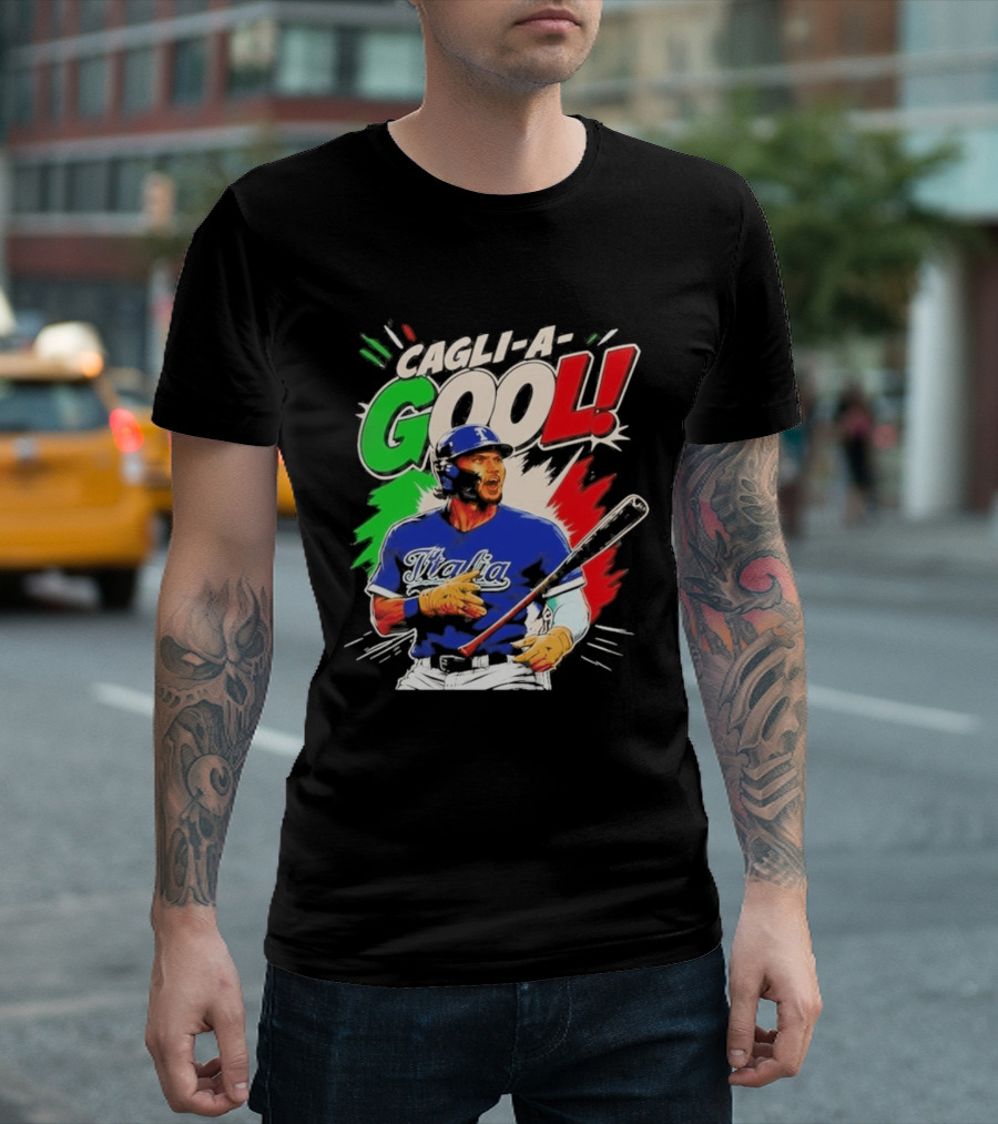 Cagli A Gool Italia Baseball Player Hitter With Italian Flag T-Shirt