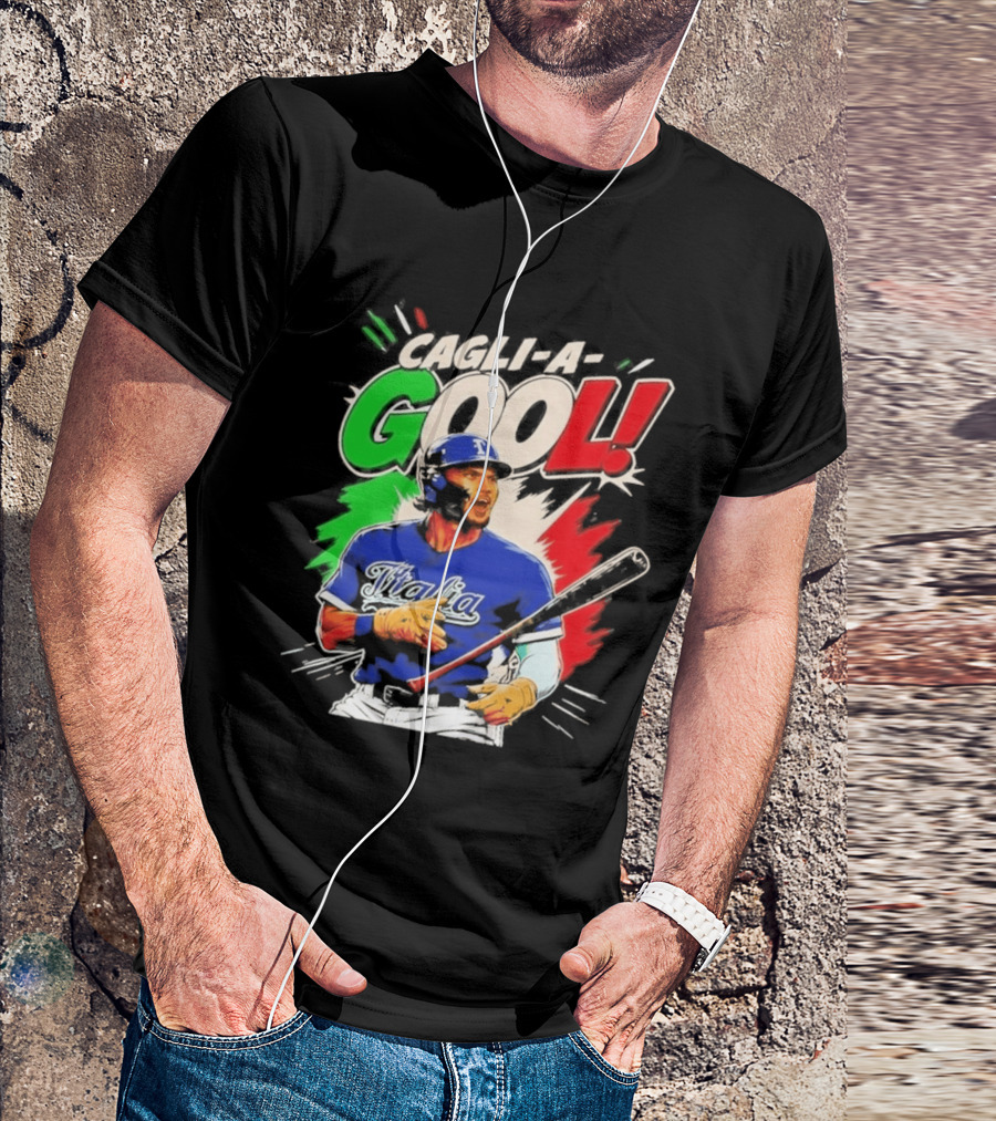 Cagli A Gool Italia Baseball Player Hitter With Italian Flag T-Shirt