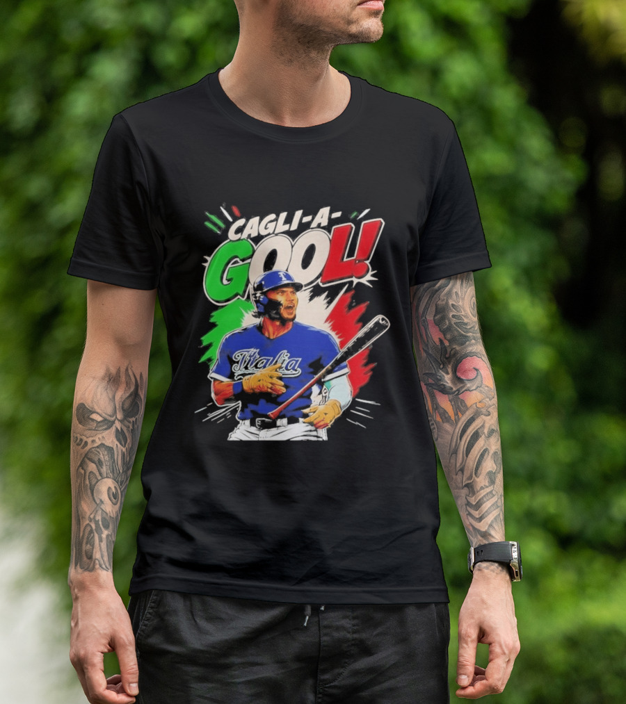 Cagli A Gool Italia Baseball Player Hitter With Italian Flag T-Shirt