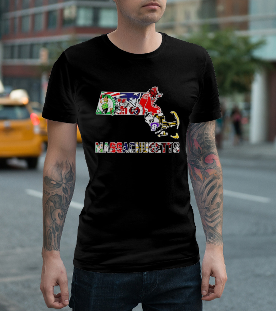 Massachusetts Sports Teams Collage Map Celtics Patriots Red Sox Bruins Revolution T-Shirt
