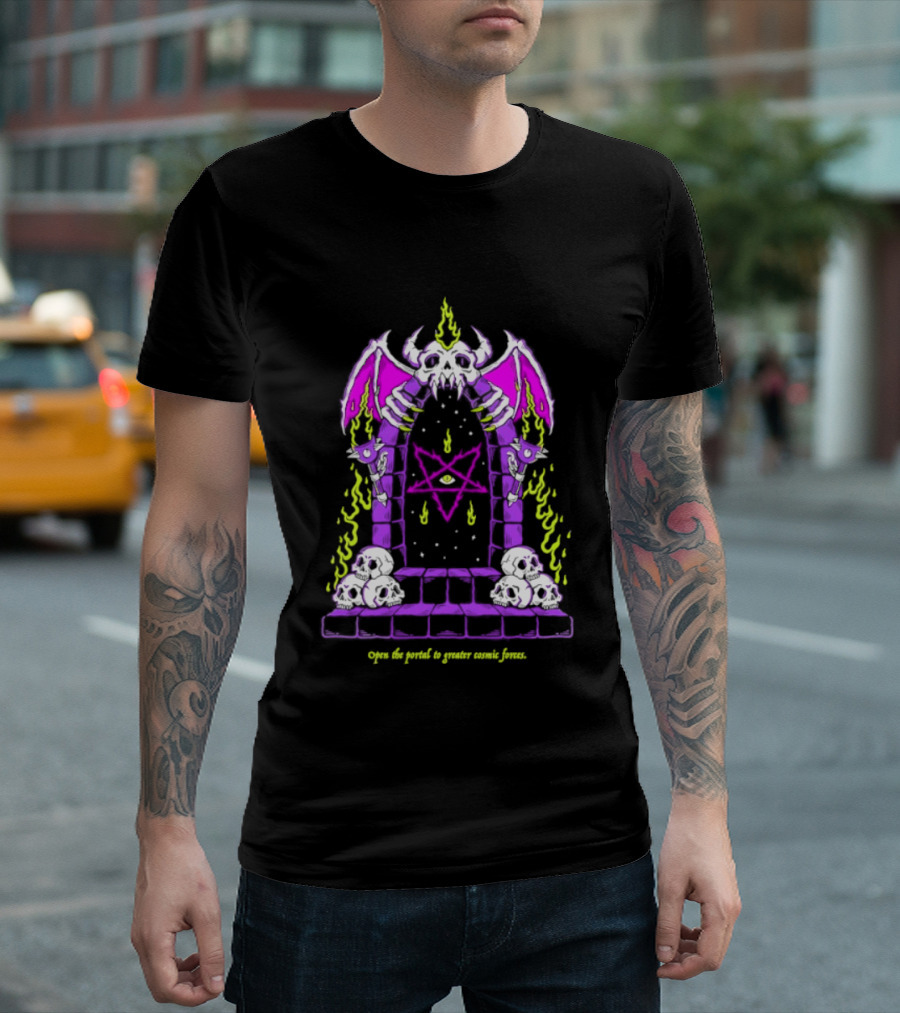 Open The Portal To Greater Cosmic Forces Pentagram Skull With Bat Wings And All Seeing Eye T-Shirt