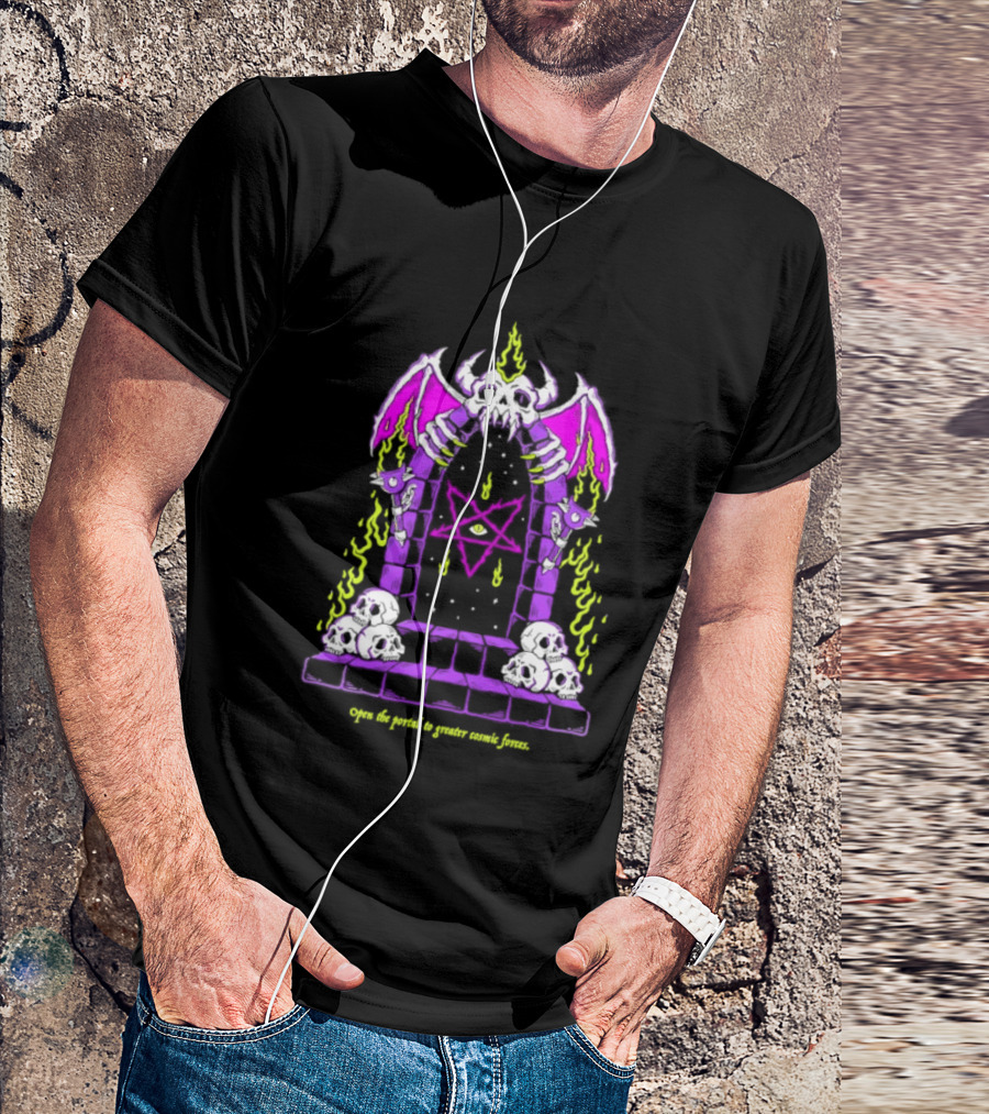 Open The Portal To Greater Cosmic Forces Pentagram Skull With Bat Wings And All Seeing Eye T-Shirt