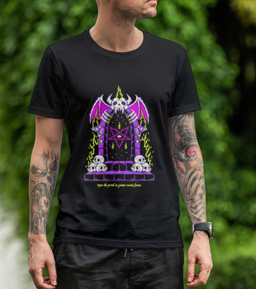 Open The Portal To Greater Cosmic Forces Pentagram Skull With Bat Wings And All Seeing Eye T-Shirt