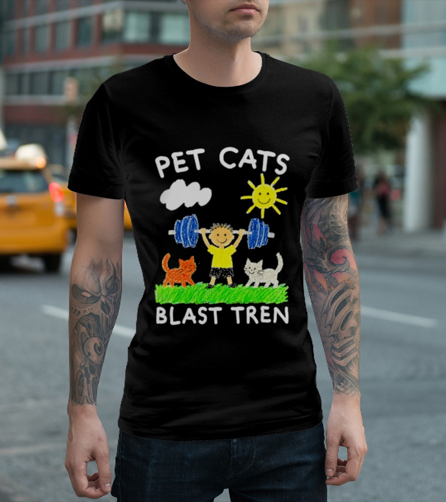 Pet Cats Blast Tren Bodybuilding Gym Child With Weights Sun And Clouds T-Shirt