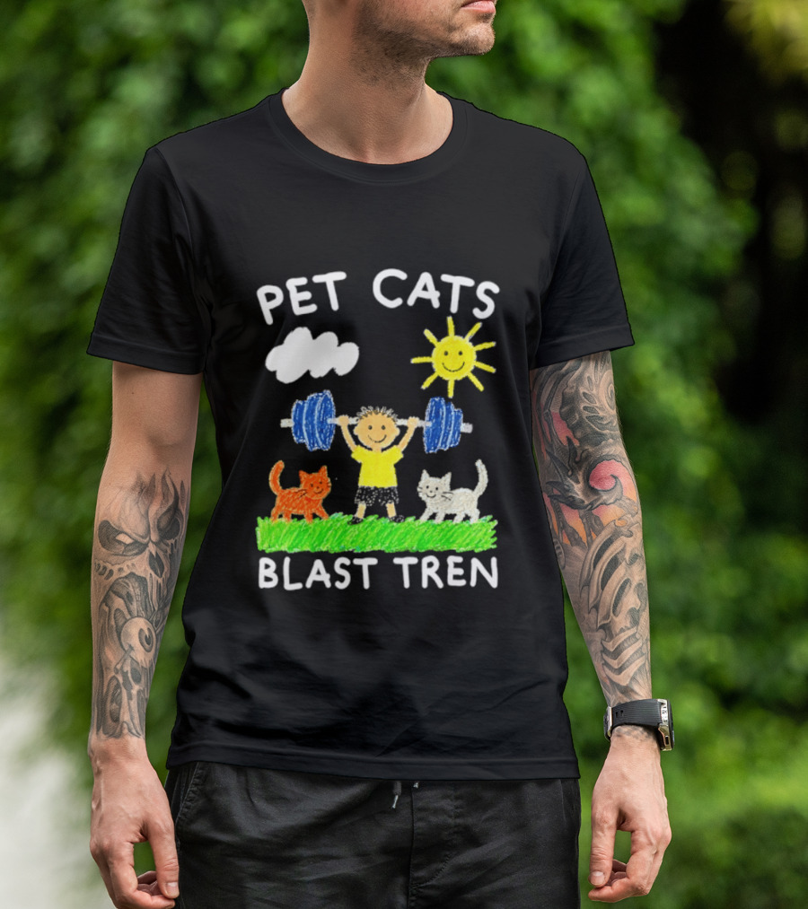 Pet Cats Blast Tren Bodybuilding Gym Child With Weights Sun And Clouds T-Shirt