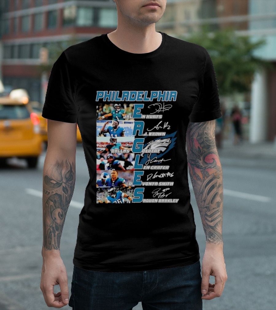 Philadelphia Eagles Jalen Hurts AJ Brown Dallas Goedert Jalen Carter DeVonta Smith Saquon Barkley Signatures Team T-Shirt