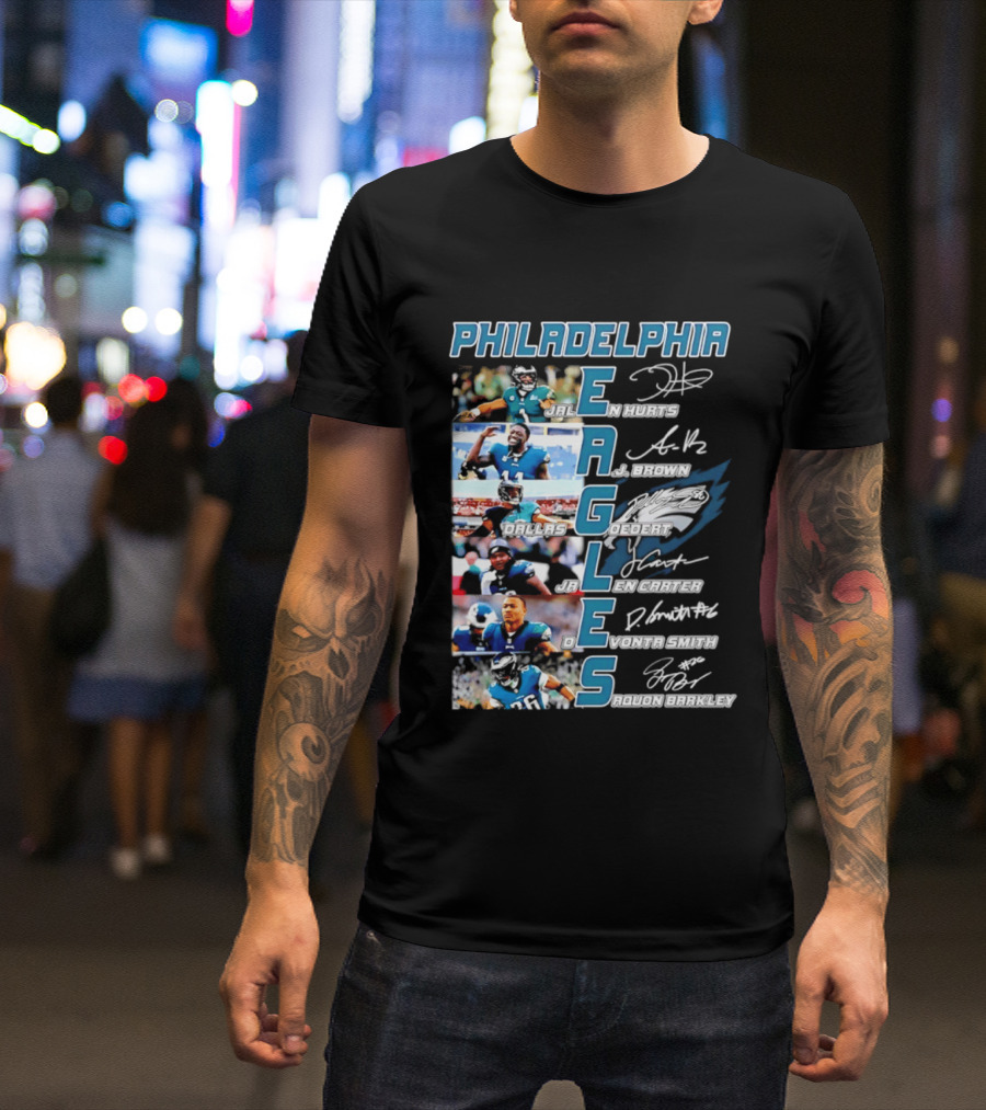 Philadelphia Eagles Jalen Hurts AJ Brown Dallas Goedert Jalen Carter DeVonta Smith Saquon Barkley Signatures Team T-Shirt