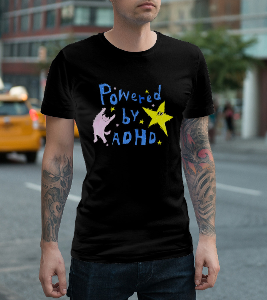 Powered By ADHD Neurodivergent Star And Cat With Yellow Stars T-Shirt