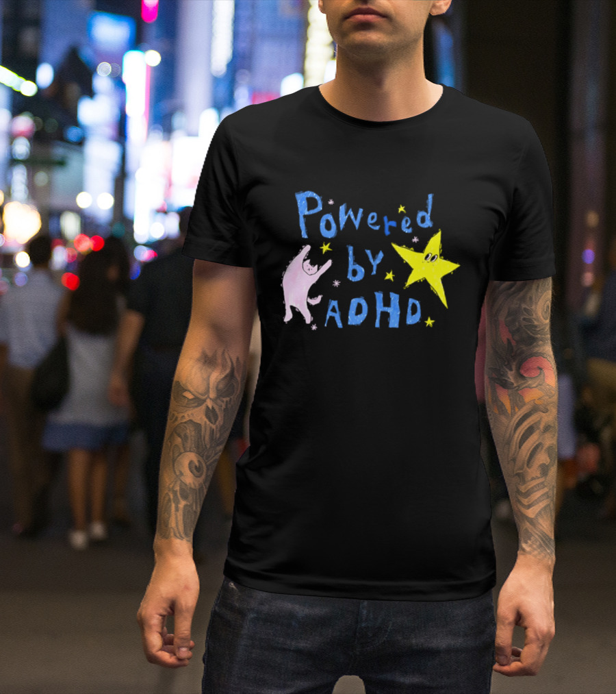 Powered By ADHD Neurodivergent Star And Cat With Yellow Stars T-Shirt