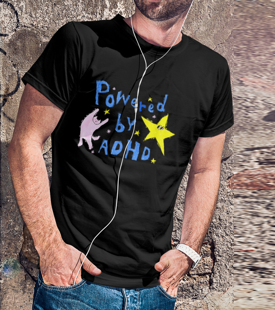 Powered By ADHD Neurodivergent Star And Cat With Yellow Stars T-Shirt