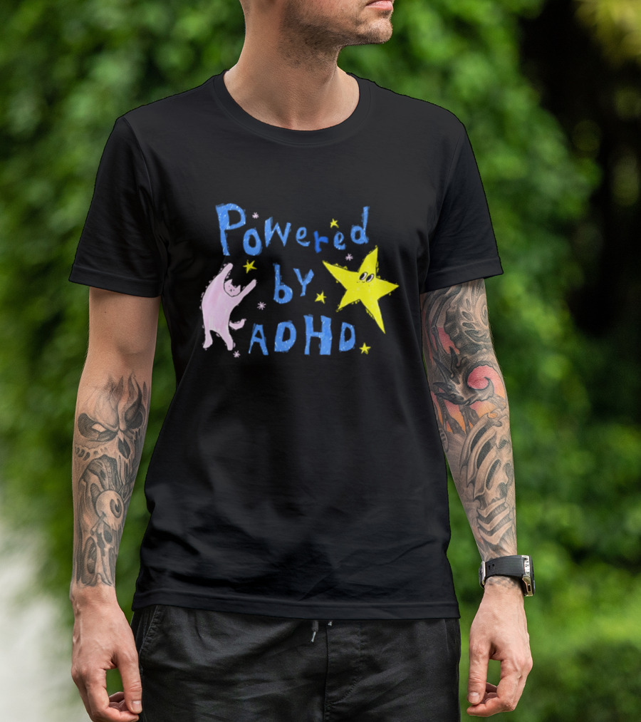 Powered By ADHD Neurodivergent Star And Cat With Yellow Stars T-Shirt