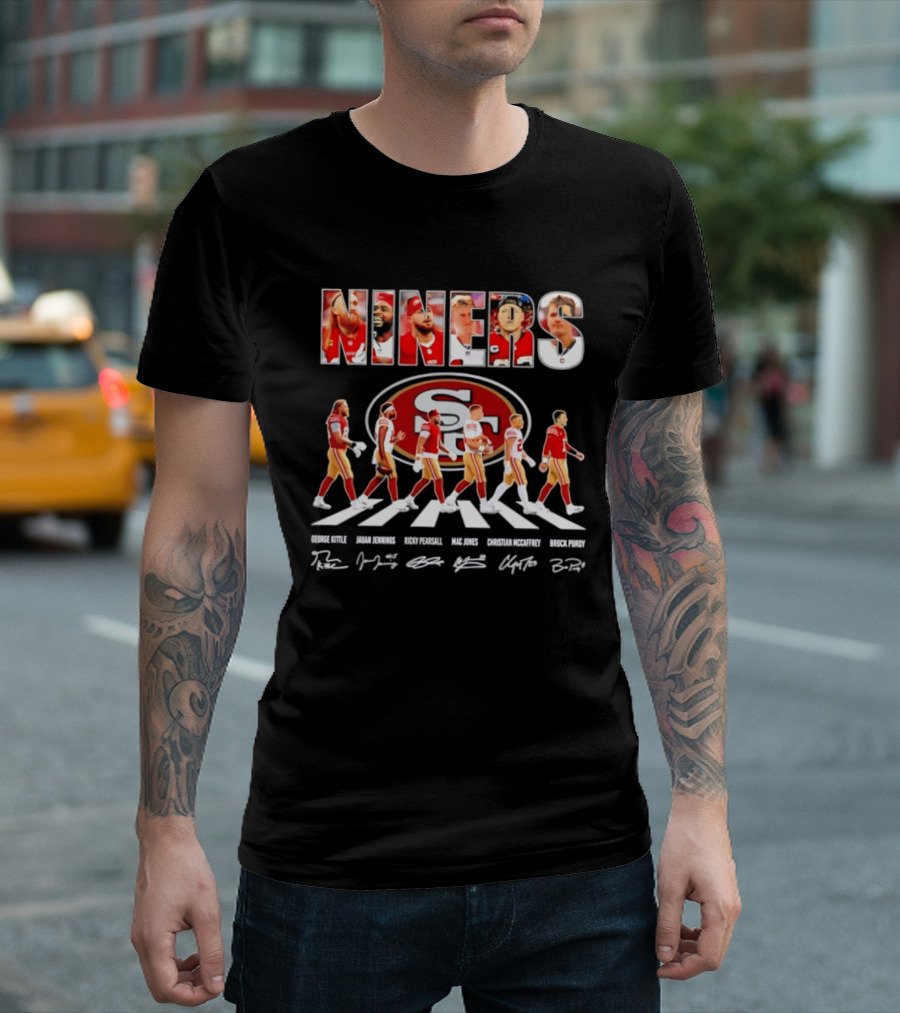 San Francisco 49ers George Kittle Jauan Jennings Ricky Pearsall Mac Jones Christian McCaffrey NINERS Walk NFL Legends Signatures T-Shirt
