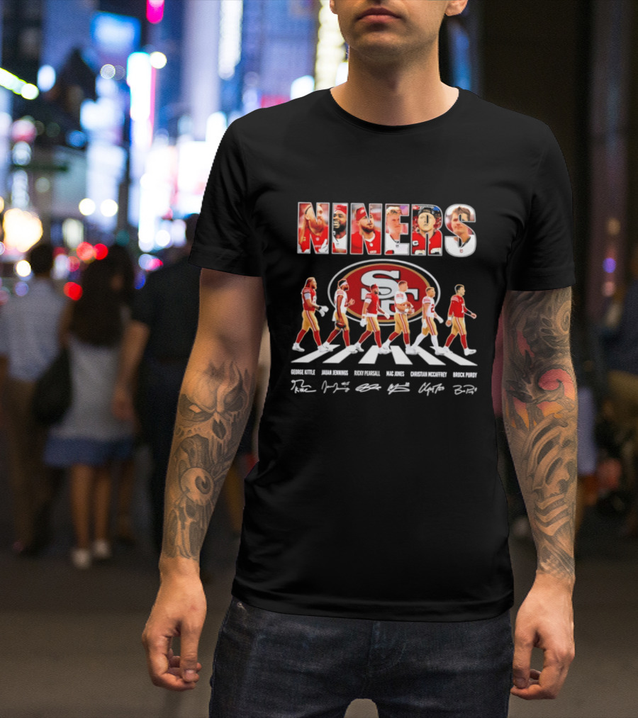 San Francisco 49ers George Kittle Jauan Jennings Ricky Pearsall Mac Jones Christian McCaffrey NINERS Walk NFL Legends Signatures T-Shirt