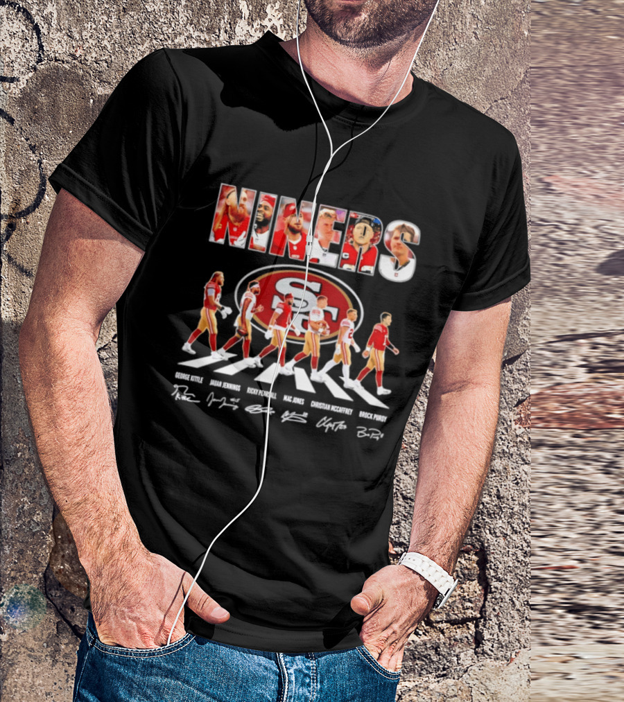 San Francisco 49ers George Kittle Jauan Jennings Ricky Pearsall Mac Jones Christian McCaffrey NINERS Walk NFL Legends Signatures T-Shirt
