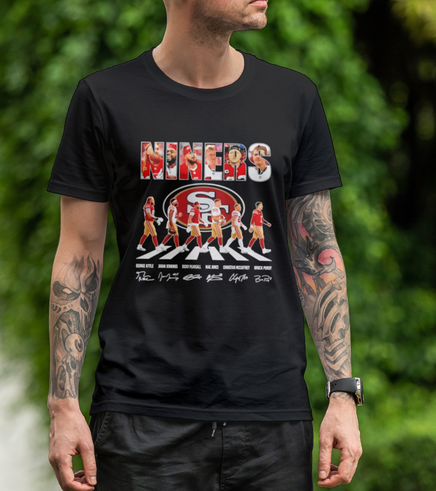 San Francisco 49ers George Kittle Jauan Jennings Ricky Pearsall Mac Jones Christian McCaffrey NINERS Walk NFL Legends Signatures T-Shirt