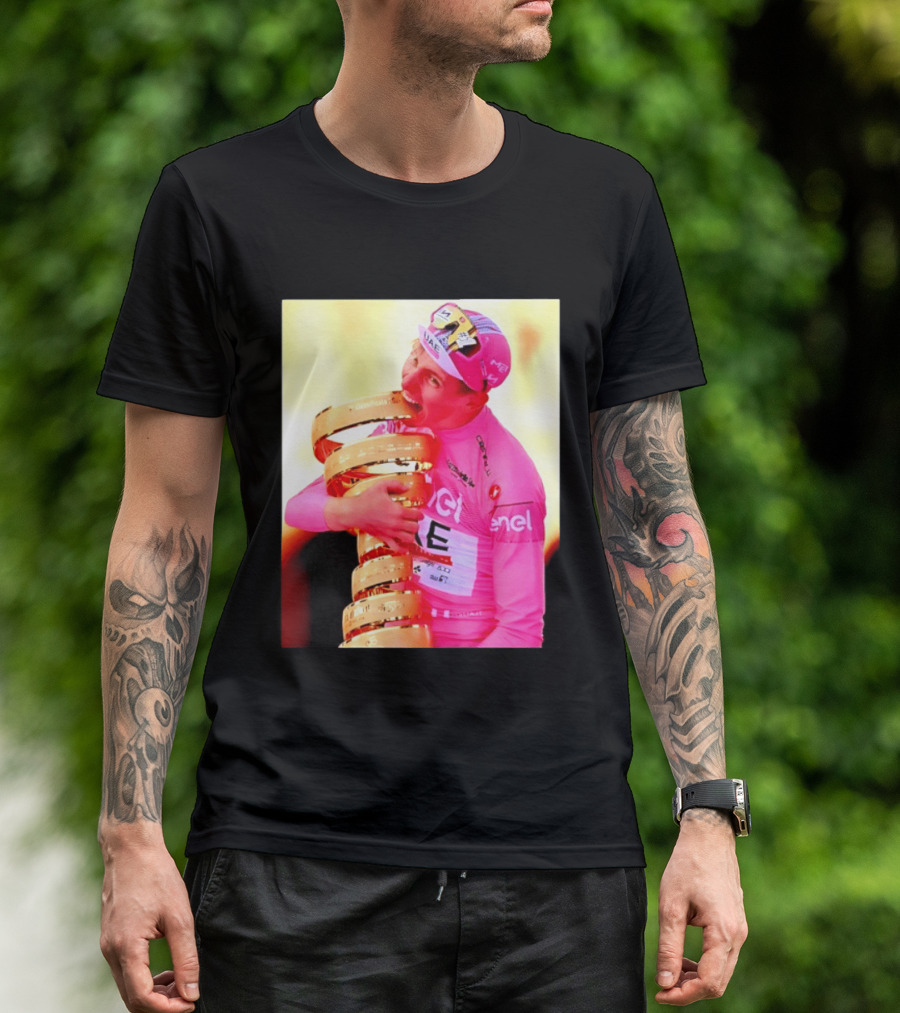 Tadej Pogacar 2024 Giro D'Italia Trophy Celebration In Pink Jersey T-Shirt