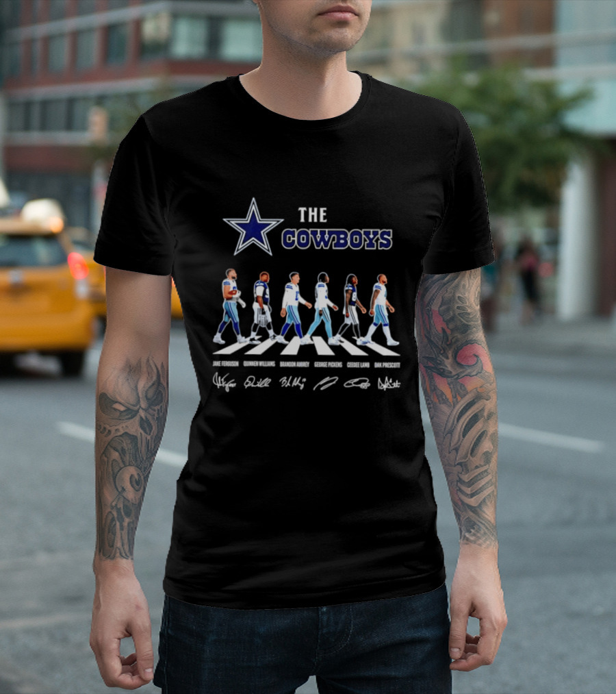 The Cowboys Jake Ferguson Brandon Aubrey Abbey Road Signatures Dak Prescott CeeDee Lamb Quinnen Williams George Pickens T-Shirt