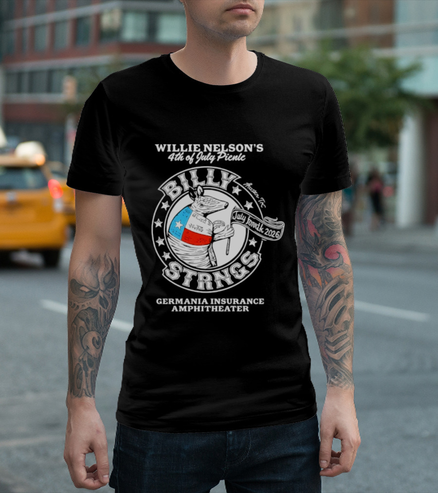 Willie Nelson's 4th Of July Picnic Billy Strings Germania Insurance Amphitheater Texas Flag Guitar T-Shirt