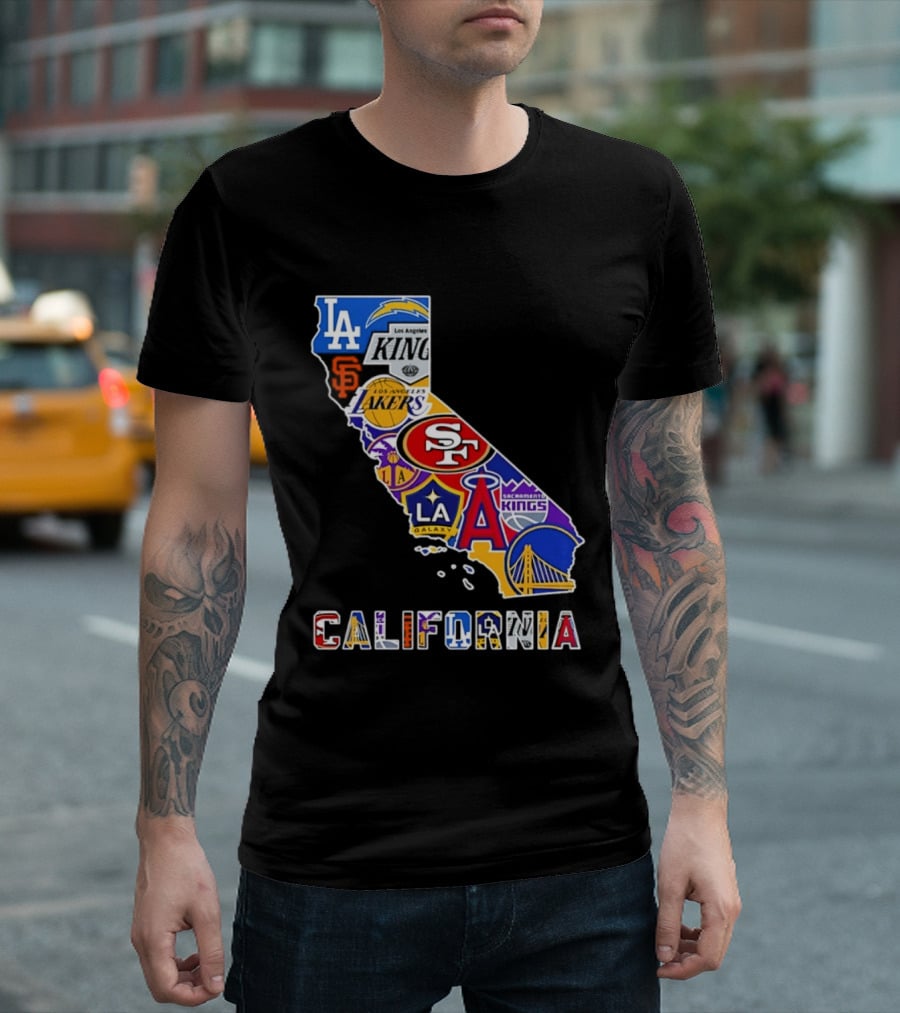 California Map Collage With 49ers Lakers Kings Giants Angels Dodgers Logos 2026 T-Shirt