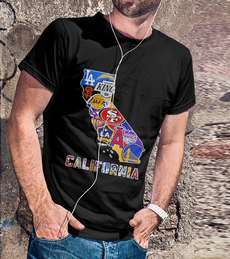 California Map Collage With 49ers Lakers Kings Giants Angels Dodgers Logos 2026 T-Shirt