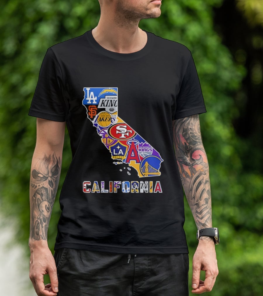 California Map Collage With 49ers Lakers Kings Giants Angels Dodgers Logos 2026 T-Shirt