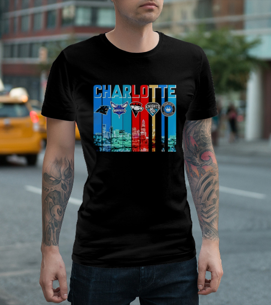 Charlotte Panthers Hornets Knights City Skyline Sports Team Logos T-Shirt