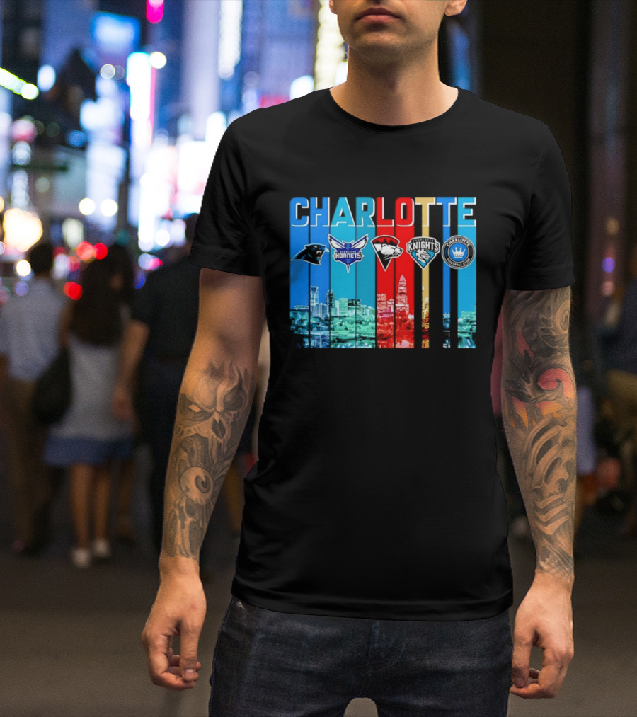 Charlotte Panthers Hornets Knights City Skyline Sports Team Logos T-Shirt