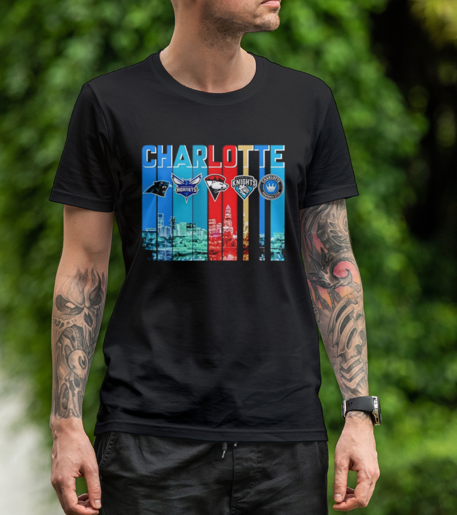 Charlotte Panthers Hornets Knights City Skyline Sports Team Logos T-Shirt