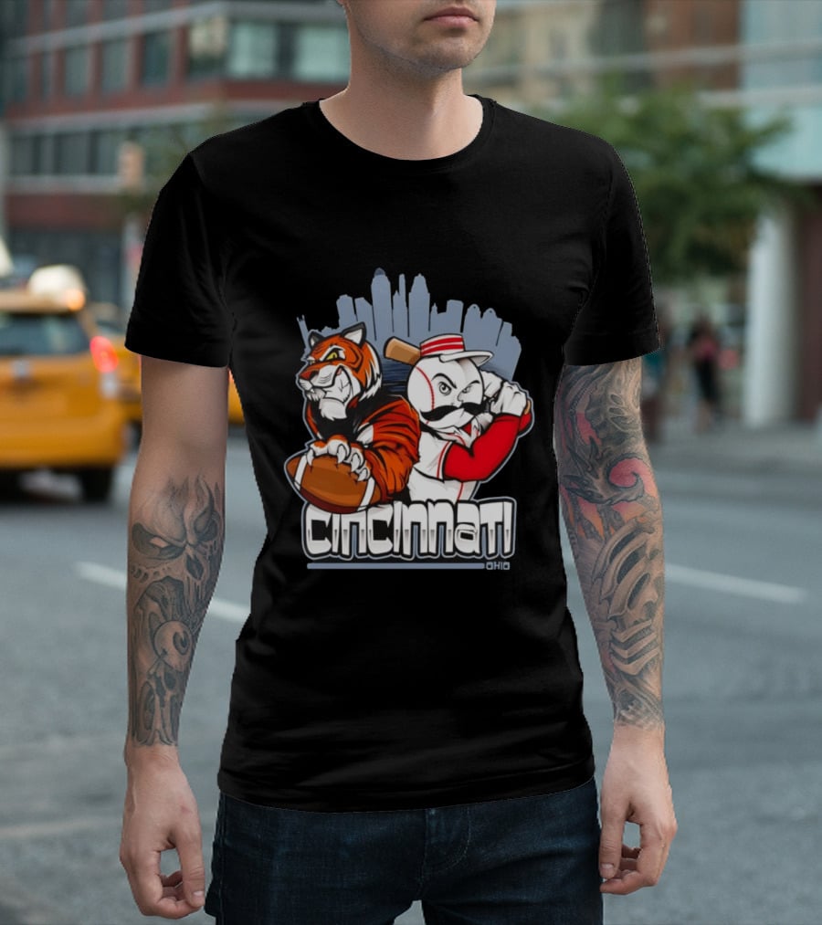 Cincinnati Reds Bengals Skyline Ohio Tiger And Baseball Character 2026 T-Shirt