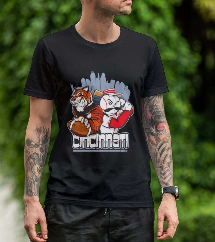 Cincinnati Reds Bengals Skyline Ohio Tiger And Baseball Character 2026 T-Shirt