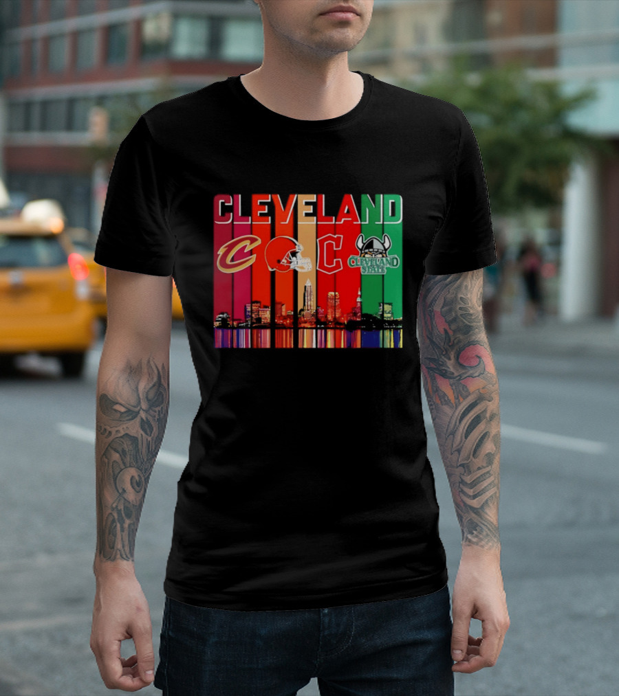 Cleveland Cavaliers Browns Guardians Cleveland State Vikings City Skyline T-Shirt