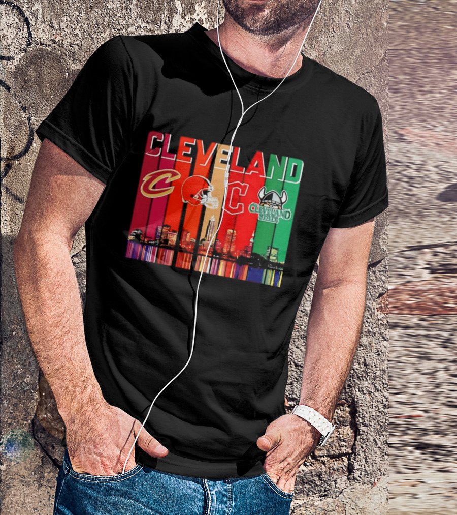 Cleveland Cavaliers Browns Guardians Cleveland State Vikings City Skyline T-Shirt