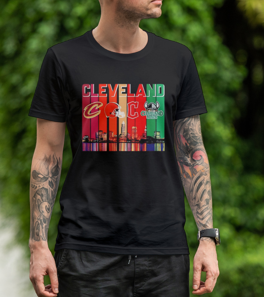 Cleveland Cavaliers Browns Guardians Cleveland State Vikings City Skyline T-Shirt